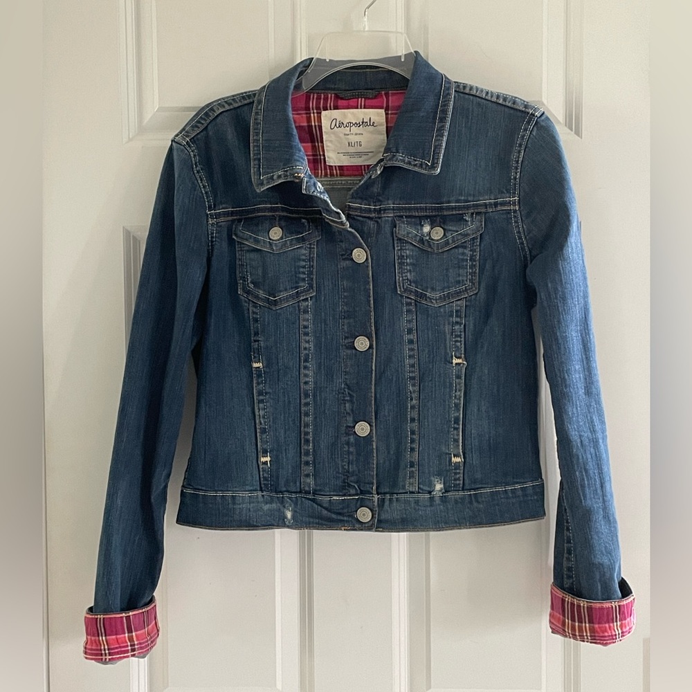 Aeropostale Y2K Blue Denim Jacket Womens XL Preppy Pink Plaid Flip Cuff Stretch